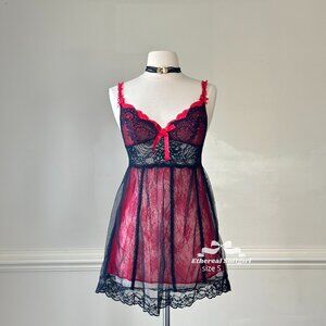 Sultry vintage sheer slip dress featuring red lace lined skirt